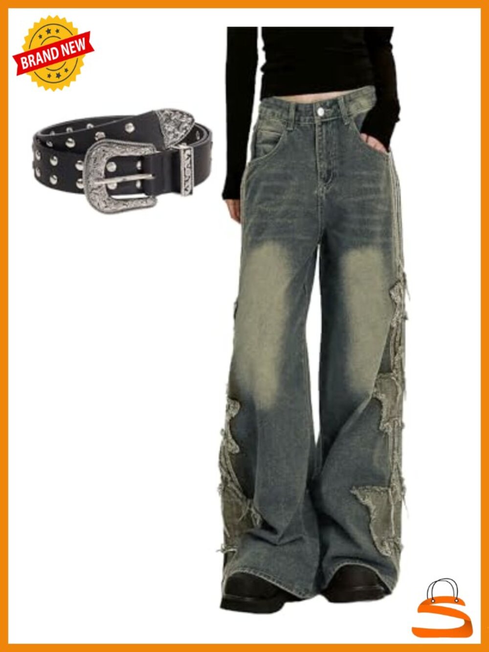 Baggy Cargo Denim Jeans with Star Patchwork Straight Leg Y2K Style